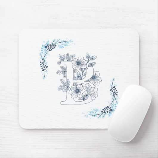 Initiaal "B" Blauw Monogram Kalm Bloemen Muismat (Met muis)