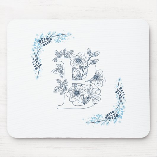 Initiaal "B" Blauw Monogram Kalm Bloemen Muismat (Voorkant)