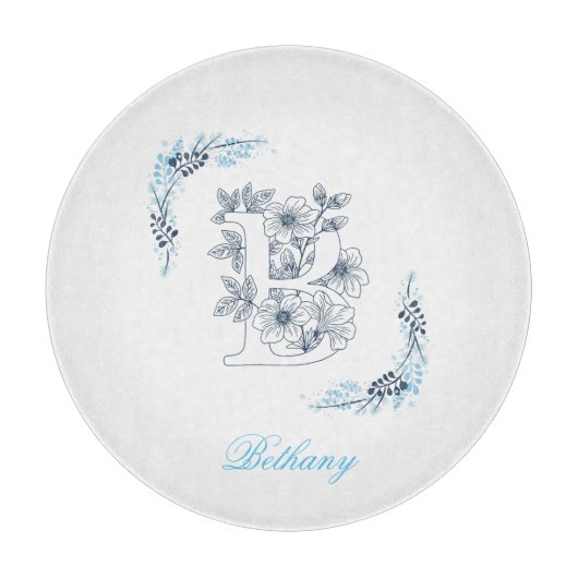 Initiaal "B" Blauw Monogram Kalm Bloemen Snijplank (Voorkant)