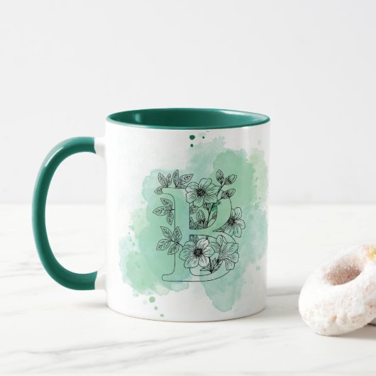 Initiaal B Waterverf Monogram Groen Botanisch Mok (Met donut)