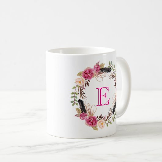 Initiaal Boho Koffie Mok Monogram Teacup Floral Cu (Voorkant rechts)