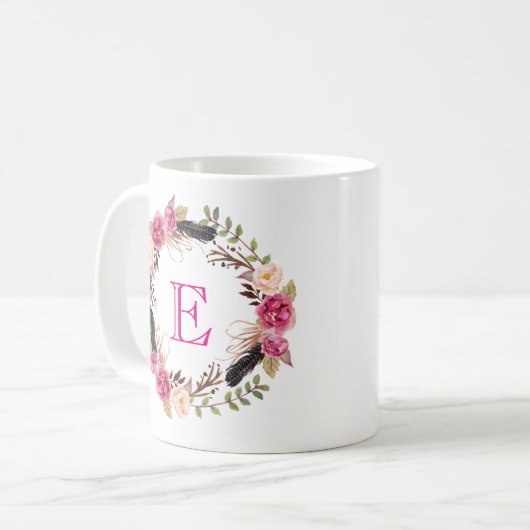 Initiaal Boho Koffie Mok Monogram Teacup Floral Cu (Voorkant links)