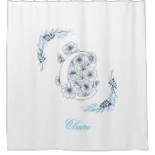 Initiaal "C" Blauw Monogram Kalme Bloemen Douchegordijn (Voorkant)