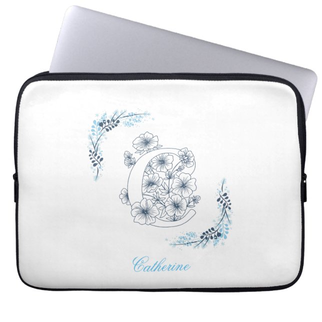 Initiaal "C" Blauw Monogram Kalme Bloemen Laptop Sleeve (Voorkant)