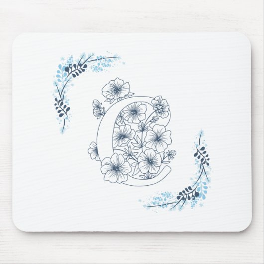 Initiaal "C" Blauw Monogram Kalme Bloemen Muismat (Voorkant)