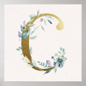 Initiaal C Golden en Blue Floral Monogram Poster (Voorkant)