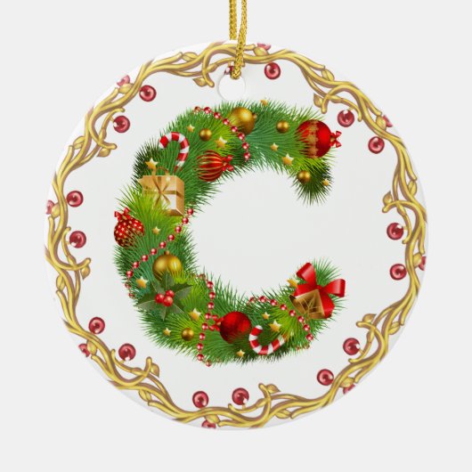 initiaal C monogrammen kerstversiering - cirkel Keramisch Ornament (Voorkant)