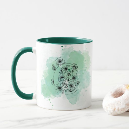 Initiaal C Waterverf Monogram Groen Botanisch Mok (Met donut)