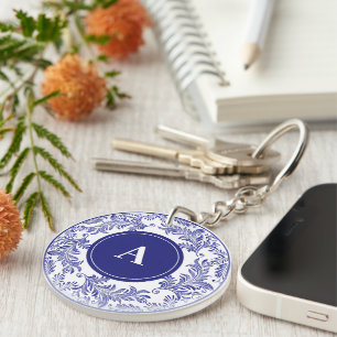 Initiaal Classic Blauw Wit Bloempatroon Sleutelhanger