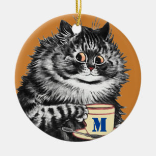 Initiaal, Coffee Lover Cat, Louis Wain Keramisch Ornament