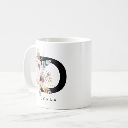 Initiaal "D" Alfabet Mok Monogram Boho Waterverf (Voorkant links)