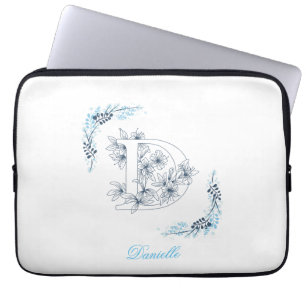Initiaal "D" Blauw Monogram Kalm Bloemen Laptop Sleeve