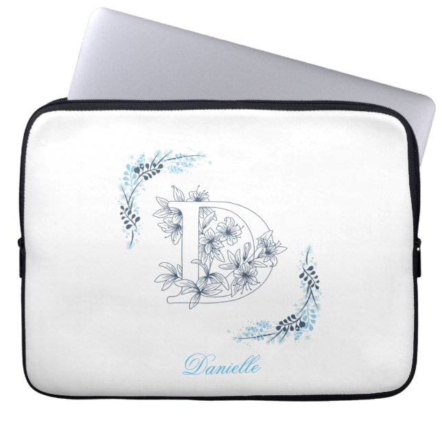 Initiaal "D" Blauw Monogram Kalm Bloemen Laptop Sleeve (Voorkant)