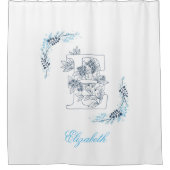 Initiaal "E" Blauw Monogram Kalm Bloemen Douchegordijn (Voorkant)