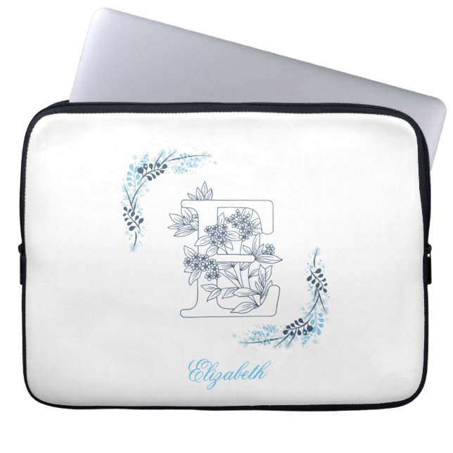Initiaal "E" Blauw Monogram Kalm Bloemen Laptop Sleeve (Voorkant)
