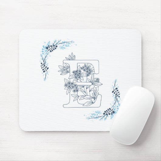 Initiaal "E" Blauw Monogram Kalm Bloemen Muismat (Met muis)