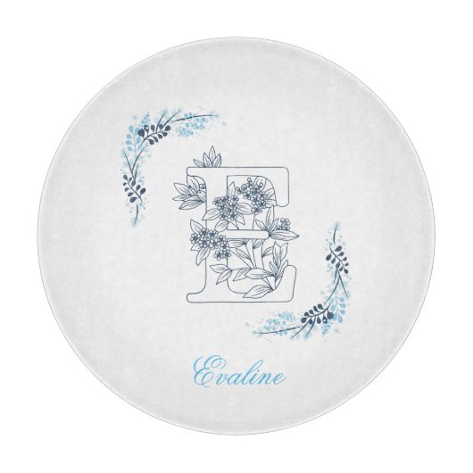 Initiaal "E" Blauw Monogram Kalm Bloemen Snijplank (Voorkant)