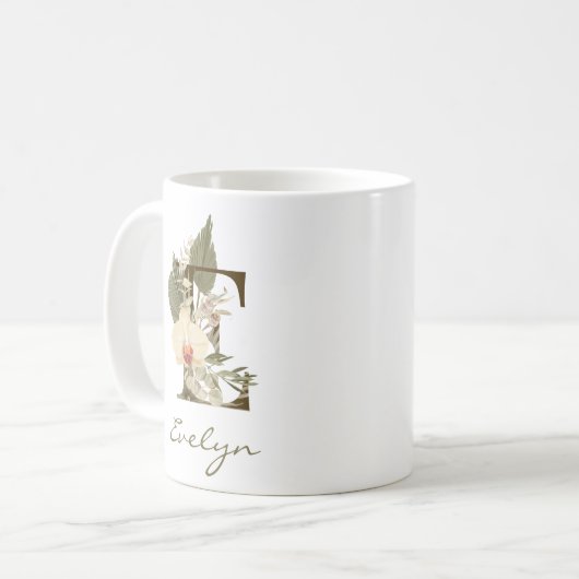 Initiaal E Boho Floral Orchid Greenery Aangepaste Koffiemok (Voorkant links)
