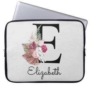 Initiaal E Modern Pink Boho Girly Floral Laptop Sleeve