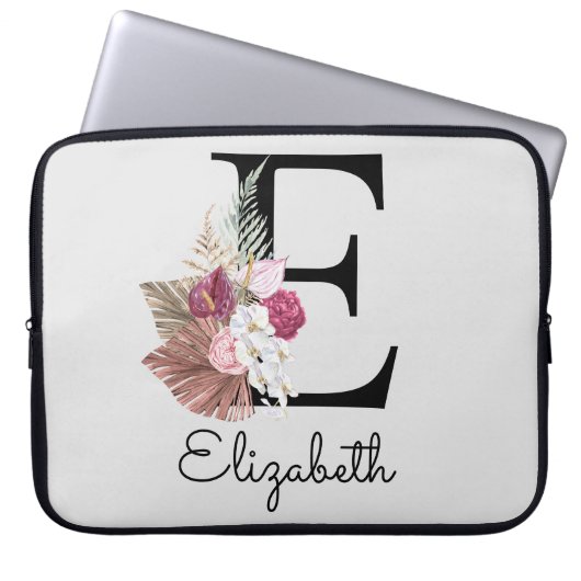 Initiaal E Modern Pink Boho Girly Floral Laptop Sleeve (Voorkant)