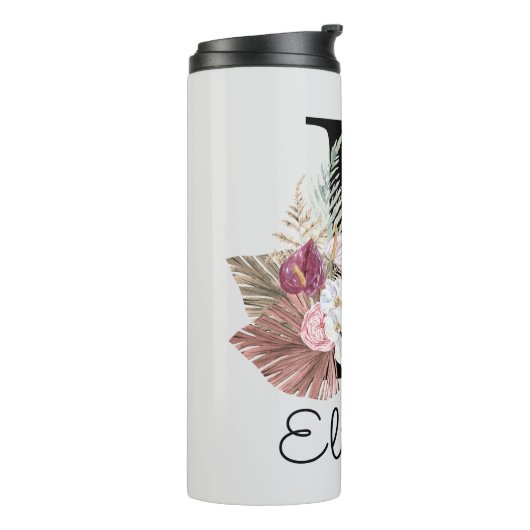 Initiaal E Modern Roze Bloemen Thermosbeker (Gedraaid links)
