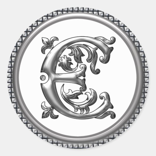 Initiaal E Ronde Sticker in Zilver (Voorkant)