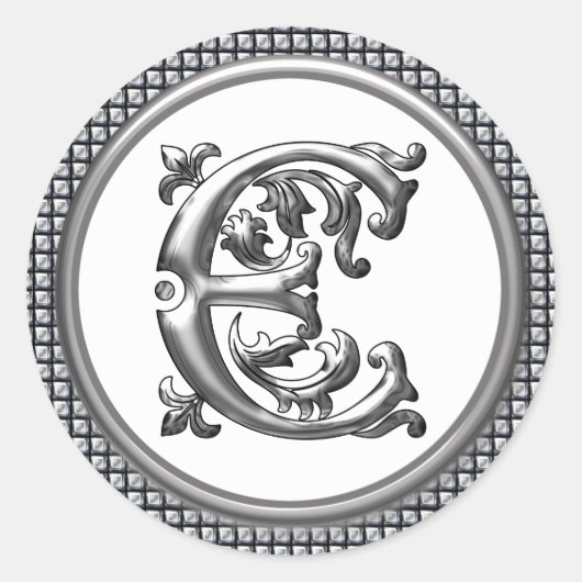 Initiaal E Ronde Sticker in Zilver (Voorkant)