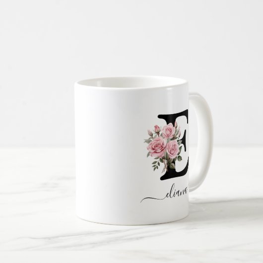 Initiaal E Rozen Bloemen Monogram Naam Koffiemok (Voorkant rechts)