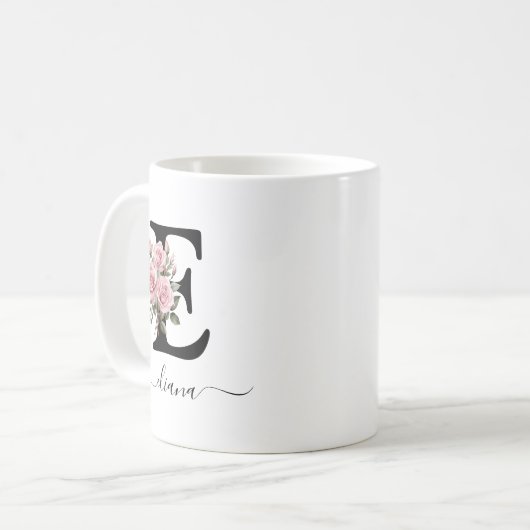 Initiaal E Rozen Bloemen Monogram Naam Koffiemok (Voorkant links)