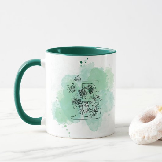 Initiaal E Waterverf Monogram Groen Botanisch Mok (Met donut)