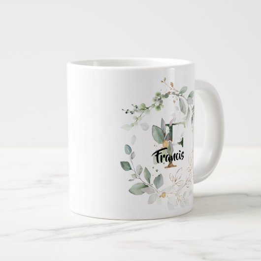 Initiaal 'F' Alfabet Monogram Groen en gouden blad Grote Koffiekop (Voorkant rechts)