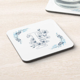 Initiaal "F" Blauw Monogram Kalme Bloemen Bier Onderzetter