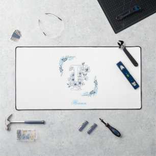 Initiaal "F" Blauw Monogram Kalme Bloemen Bureaumat