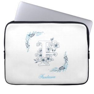 Initiaal "F" Blauw Monogram Kalme Bloemen Laptop Sleeve