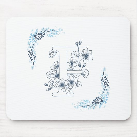 Initiaal "F" Blauw Monogram Kalme Bloemen Muismat (Voorkant)
