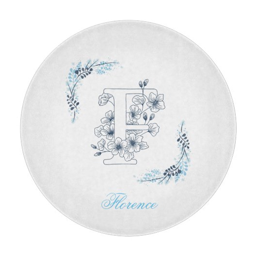 Initiaal "F" Blauw Monogram Kalme Bloemen Snijplank (Voorkant)