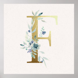 Initiaal F Golden en Blue Floral Monogram Poster
