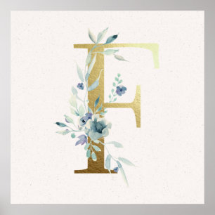 Initiaal F Golden en Blue Floral Monogram Poster
