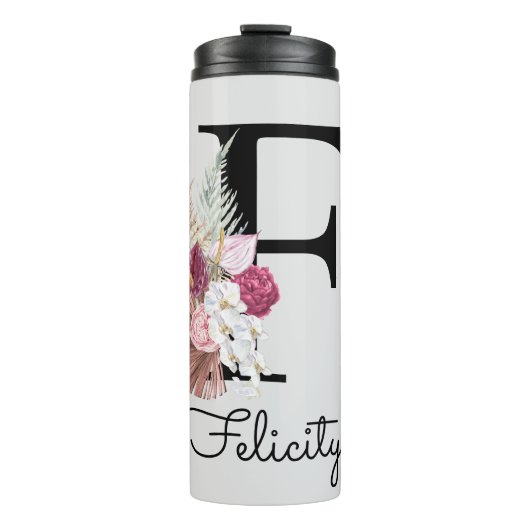 Initiaal F Monogram Roze Boho Girly Floral Thermosbeker (Voorkant)
