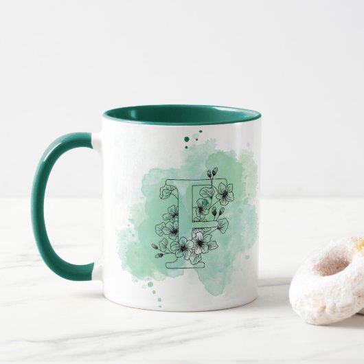 Initiaal F Waterverf Monogram Groen Botanisch Mok (Met donut)