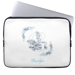 Initiaal "G" Blauw Monogram Kalme Bloemen Laptop Sleeve