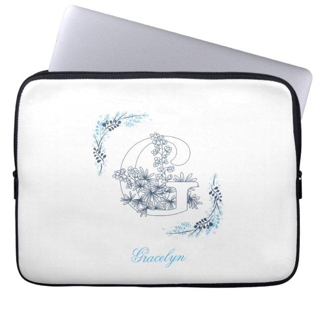 Initiaal "G" Blauw Monogram Kalme Bloemen Laptop Sleeve (Voorkant)