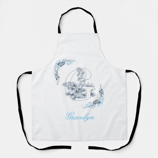 Initiaal "G" Blauw Monogram Kalme Bloemen Schort (Voorkant)