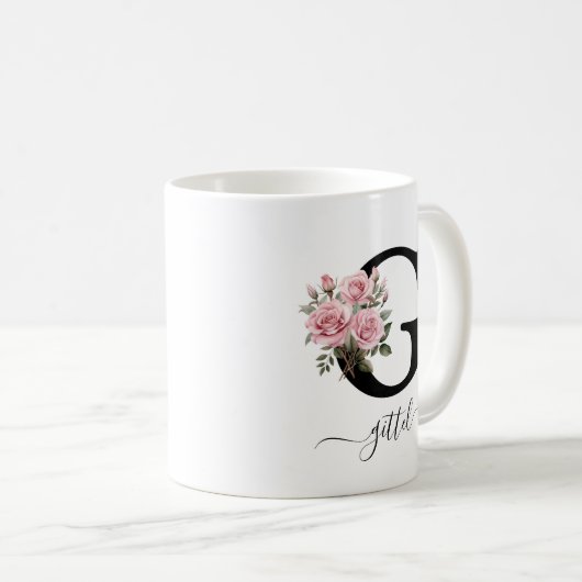 Initiaal G Monogram Bloembloem Roze Rozen Mok (Voorkant rechts)