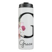 Initiaal G Monogram Roze Boho Floral Thermosbeker (Voorkant)