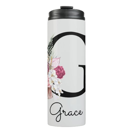 Initiaal G Monogram Roze Boho Floral Thermosbeker (Voorkant)