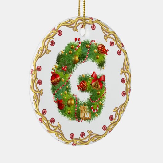 initiaal G monogrammed kerstversiering - cirkel Keramisch Ornament (Rechts)