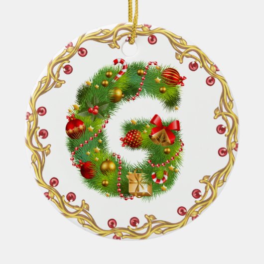 initiaal G monogrammed kerstversiering - cirkel Keramisch Ornament (Voorkant)