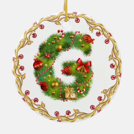 initiaal G monogrammed kerstversiering - cirkel Keramisch Ornament (Achterkant)