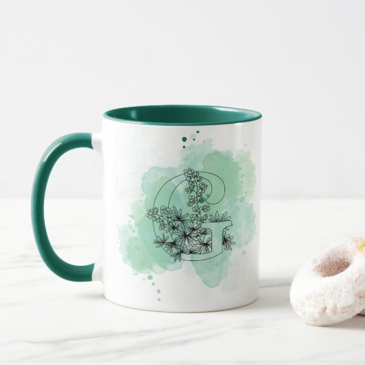 Initiaal G Waterverf Monogram Groen Botanisch Mok (Met donut)